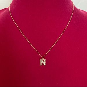 Necklace with Letter N Pendent with Clear Stones | Gold Tone